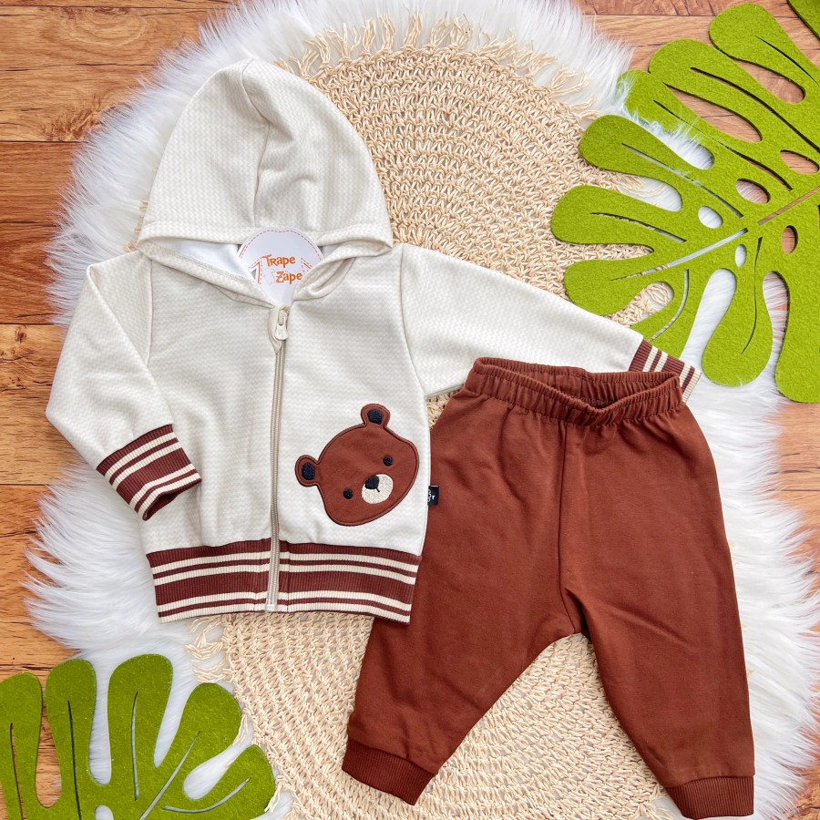 Conj. Jaqueta Ursinho com Pelinho e Calça de Moletom - Areia e Marrom